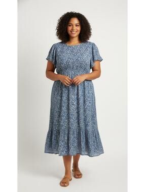 Nemidor Blue Floral Casual Midi Dress with Elastic Waist Size 18